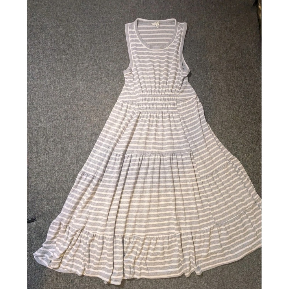Lucky Brand Womens Gray White Striped Sleeveless Smocked Tiered Maxi Dress M
